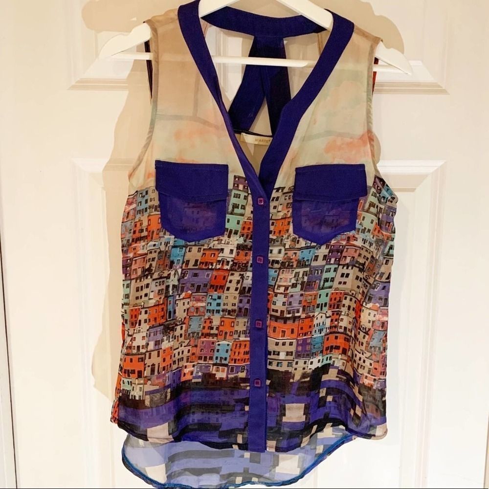 MIARTE CityScape Sheer Cutout Sleeveless Top Size Small EUC